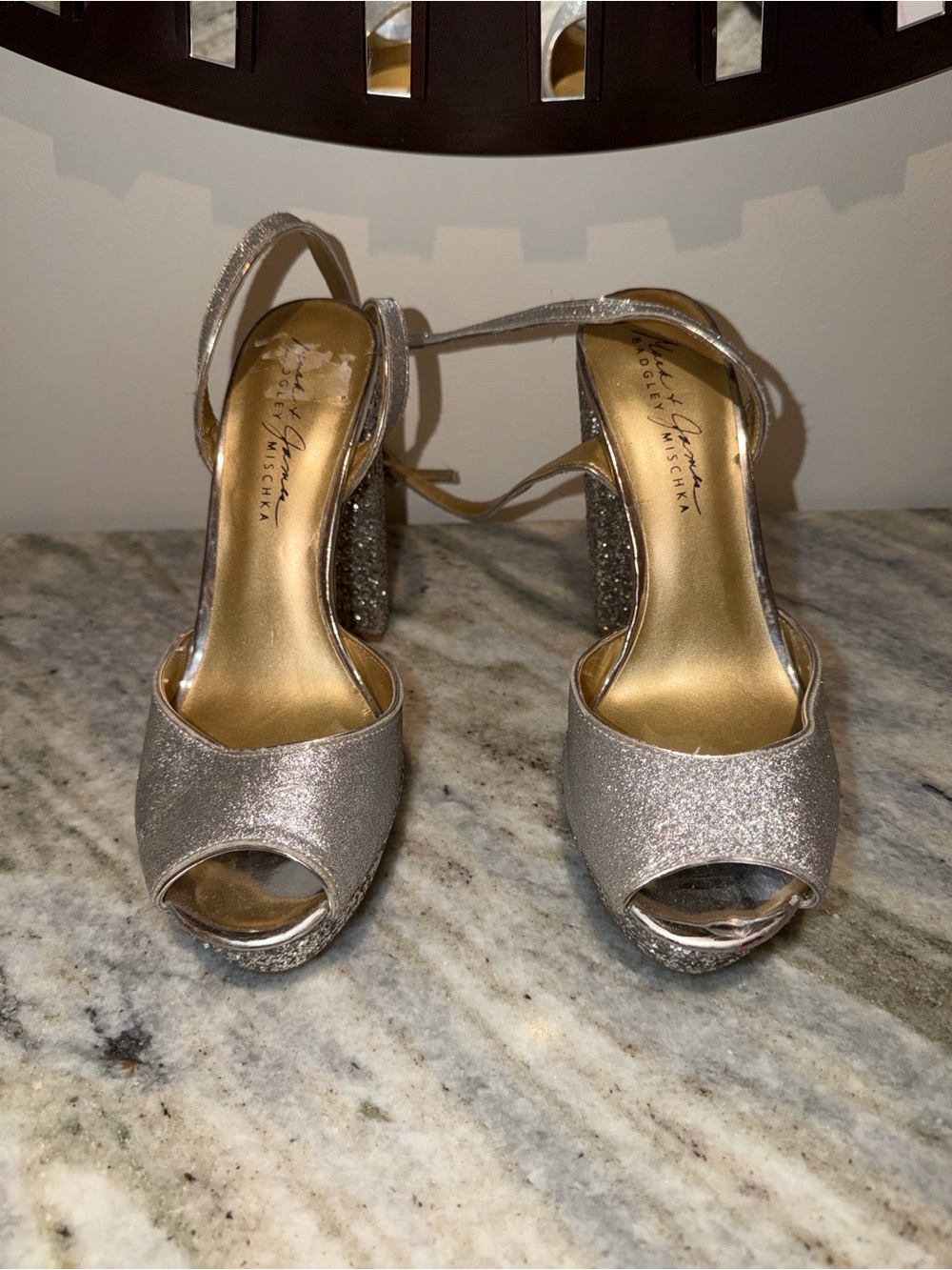 Badgley Mischka Silver Glitter Peep-Toe Platform Sandals